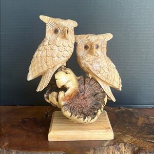“hoo” Loves Owls 101: Hand-Carved Twin Owls on Natural Wood Base-by Yudi Suardi